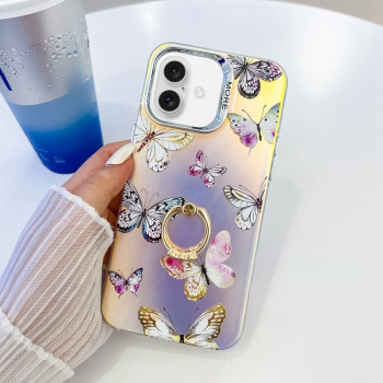 Протиударний чохол Electroplating Laser Butterfly Ring Holder для iPhone 16 Plus - Pink Butterflies