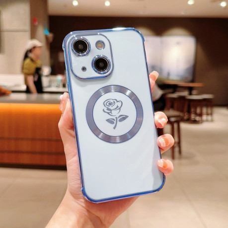 Противоударный чехол Electroplate Side Roses Flower MagSafe для iPhone 15 - синий