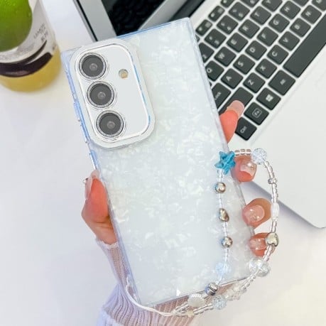 Противоударный чехол Plating Glitter Texture Chain Wristband TPU для Samsung Galaxy S24 FE 5G - White Shell Pattern