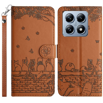 Чехол-книжка Cat Embossing Pattern на Xiaomi 14T Pro - коричневый