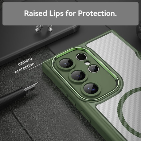 Ударозащитный чехол Carbon Fiber Texture MagSafe Translucent на Samsung Galaxy S25 Ultra 5G - зеленый