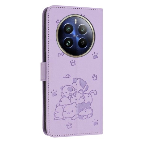 Чехол-книжка Embossed Kitten Phone Leather для Realme 12+ 5G/12 4G/13 4G - фиолетовый