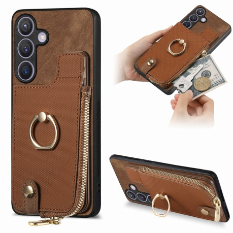 Чехол Cross Leather Ring Vertical Zipper Wallet для Samsung Galaxy S24 5G - коричневый