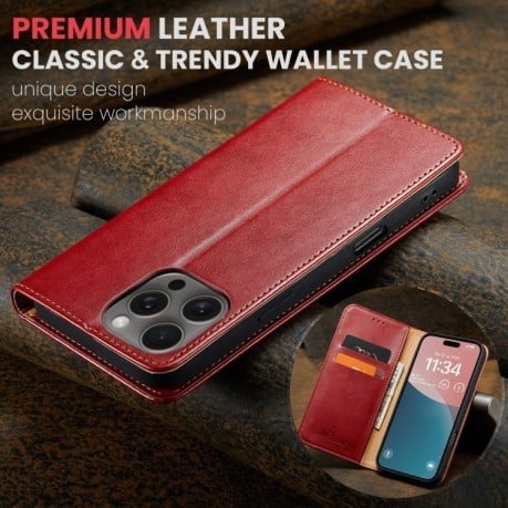 Кожаный чехол-книжка Fierre Shann Genuine leather для iPhone 16 Pro Max - красный