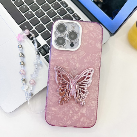 Протиударний чохол Plating Glitter Lens Film Texture Butterfly Holder Wristband для iPhone 16 Pro Max - Pink Shell Pattern