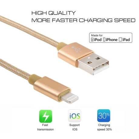 Зарядный кабель 1m 3A Woven Style Metal Head 8 Pin to USB Data / Charger Cable для iPhone - золотой