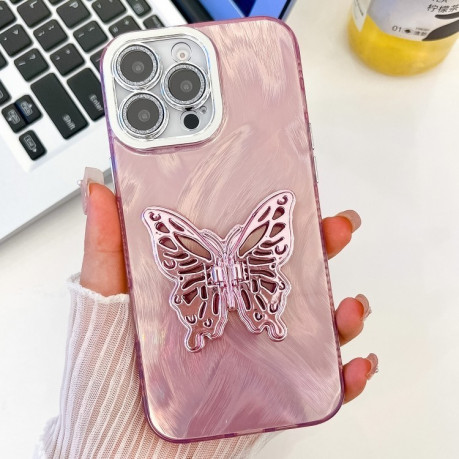 Противоударный чехол Plating Glitter Texture Butterfly для iPhone 16 Pro - Pink Feather Yarn