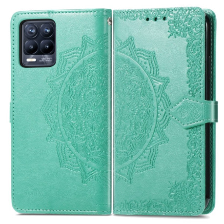 Чехол-книжка Lucky Clover Halfway Mandala Embossing Pattern на Realme 8 / 8 Pro - зеленый