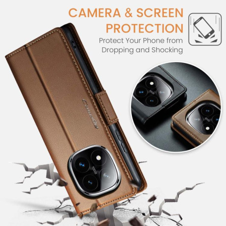 Чехол-книжка CaseMe 023 Butterfly Buckle Litchi Texture RFID Anti-theft Leather для Xiaomi Redmi Note 14 Pro 4G - коричневый
