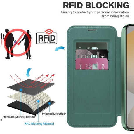 Чехол-книжка Shield MagSafe RFID Anti-theft Leather для Samsung Galaxy S24 FE 5G - зеленый