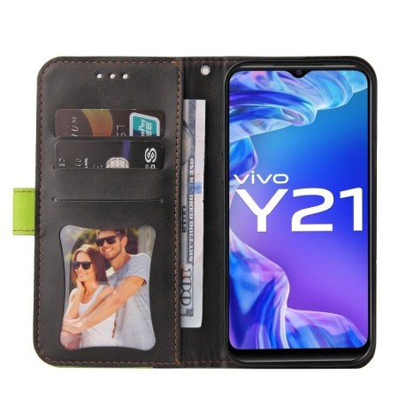Чехол-книжка Stitching-Color Horizontal Flip Leather для Vivo Y21 / Y21s / Y33s - зеленый