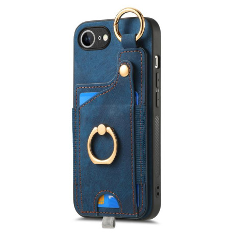 Чехол Retro Skin-feel Ring Card Bag для iPhone 16e - синий