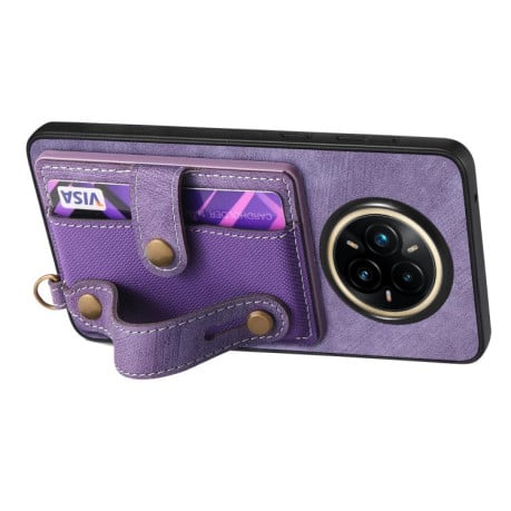 Противоударный чехол Retro Cross Wristband Wallet Leather для Realme 14 Pro+ - фіолетовий