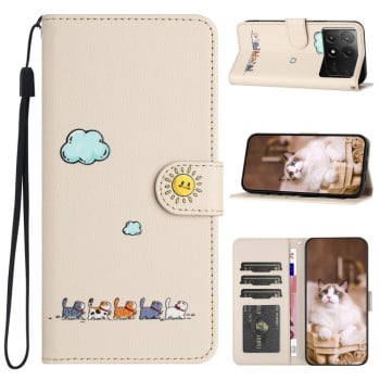 Чехол-книжка Cartoon Cats Leather для Xiaomi Poco X6 Pro - бежево-белый