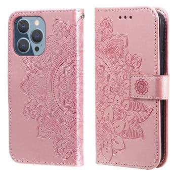 Чехол-книжка Flowers Embossing Pattern для iPhone 13 Pro - розовое золото