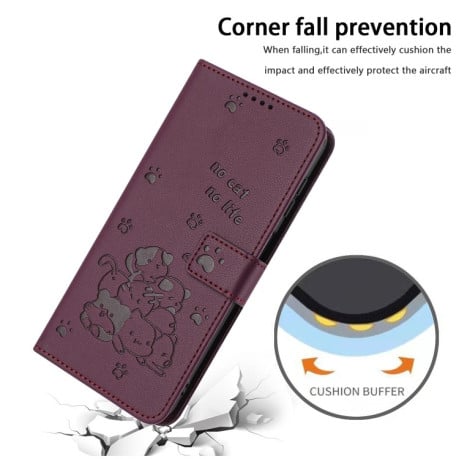 Чехол-книжка Embossed Kitten Phone Leather для Realme 12+ 5G/12 4G/13 4G - винно-красный