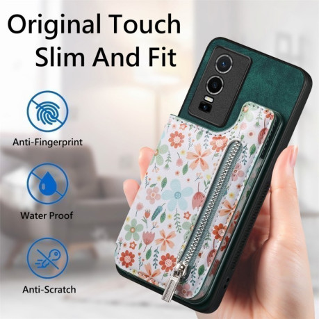 Протиударний чохол Retro Painted Zipper Wallet для Vivo Y76 5G - зелений