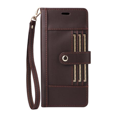Чехол-книжка Six Card Slots Buckle Leather with Lanyard на Realme C75 - кофейный