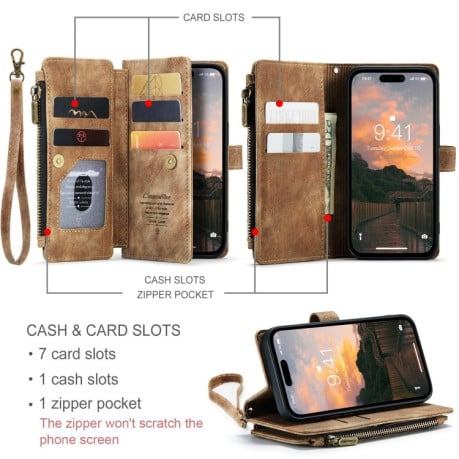 Кожаный чехол-кошелек CaseMe-C30 для iPhone 15 Pro Max - коричневый