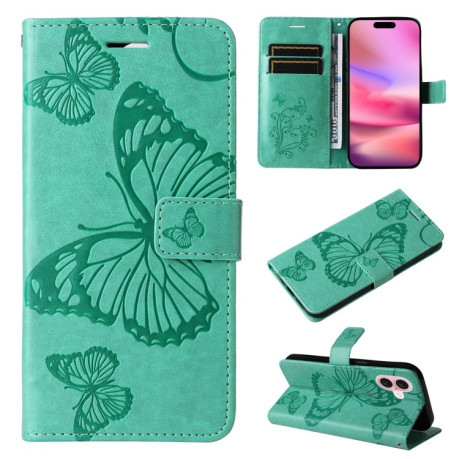 Чехол-книжка Embossed Butterfly для iPhone 16 - зеленый
