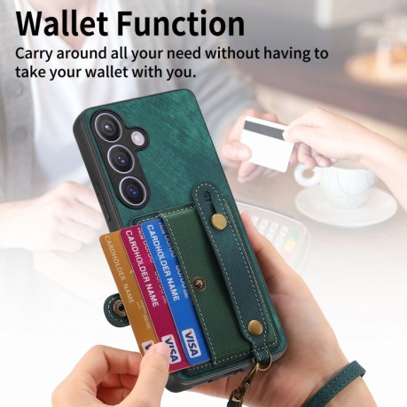 Протиударний чохол Retro Cross Wristband Wallet Leather для Samsung Galaxy S24+ 5G - зелений