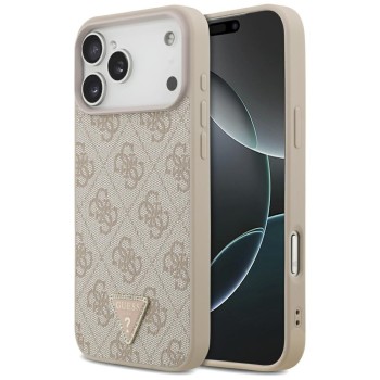 Оригинальный чехол Guess Leather 4G Triangle Strass MagSafe для iPhone 17 Pro Max / 18 Pro Max — розовый