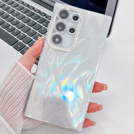 Противоударный чехол Plating Glitter Texture TPU with Lens Film для Samsung Galaxy S25 Ultra 5G - White Feather Yarn