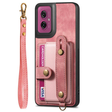 Противоударный чехол Retro Cross Wristband Wallet Leather для Motorola Moto G55 - розовый
