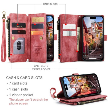 Кожаный чехол-кошелек CaseMe-C30 для iPhone 15 Pro - красный