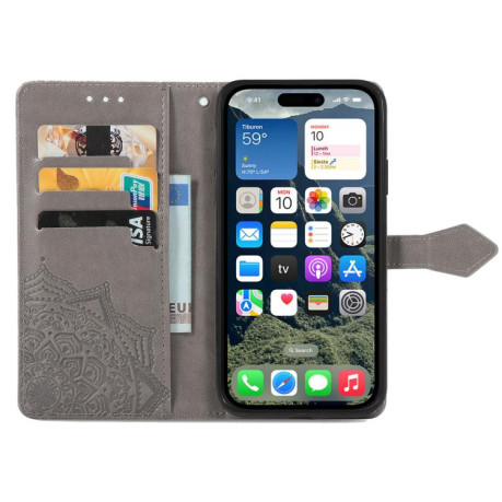 Чехол-книжка Mandala Embossing Pattern на iPhone 16e - серый