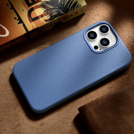 Кожаный чехол iCarer Litchi Premium для iPhone 14 Pro Max - светло-синий