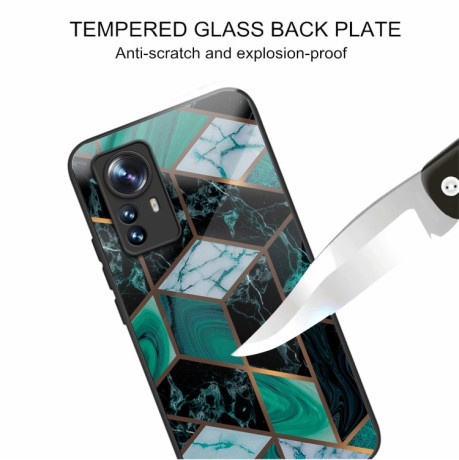 Противоударный стеклянный чехол Marble Pattern Glass на Xiaomi 12 Pro - Rhombus Dark Green