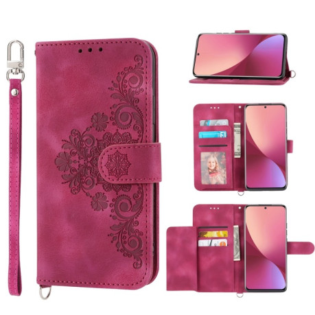 Чехол-книжка Skin-feel Flowers Embossed для Xiaomi 12 Pro - винно-красный