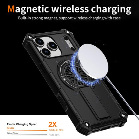 Противоударный чехол Shockproof Kickstand Metallic Shaft MagSafe на iPhone 17 Pro - черный