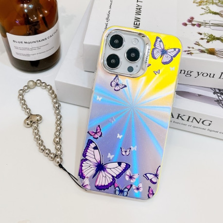 Противоударный чехол Electroplating Laser Butterfly Phone Case with Wrist Strap на iPhone 16 Pro Max - Purple Butterflies