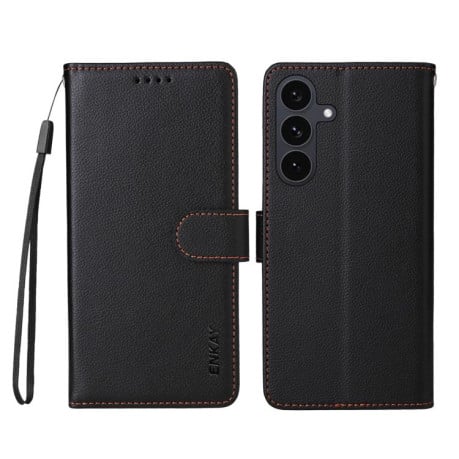 Чохол-книжка ENKAY RFID Blocking Wallet Kickstand з фактурою Litchi та магнітним хлястиком на Samsung Galaxy S25 FE 5G - чорний