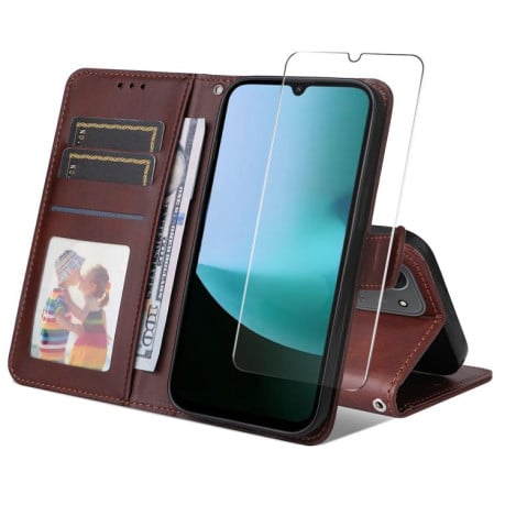 Чехол-книжка ENKAY- кошелёк c фактурой calf + стекло на Xiaomi Redmi 15C 5G / 4G EU 173.1mm - коричневый