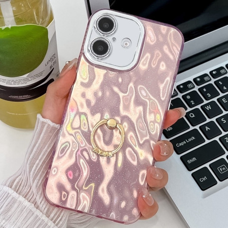 Противоударный чехол Plating Glitter Texture Ring Holder для iPhone 16 - Pink Wrinkles