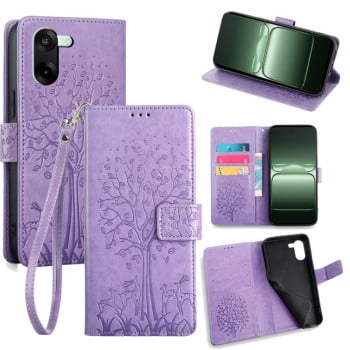 Чехол-книжка Escase с тиснением дерева и оленя на OnePlus Ace 5 Racing — фиолетовый