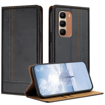 Чохол-книжка з веганської шкіри з прострочкою Stitching Design Scratch-Resistant Vegan Leather на Infinix Hot 70 4G — чорний
