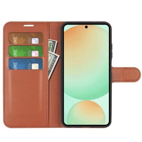 Чохол-книжка з фактурою Litchi та магнітним хлястиком на Samsung Galaxy S25 FE 5G - коричневий