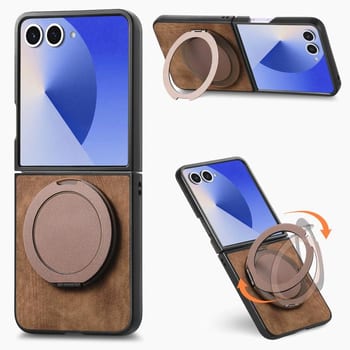 Чехол Retro Leather Rotation Round Holder с поворотным круглым держателем на Samsung Galaxy Flip 8 5G — коричневый