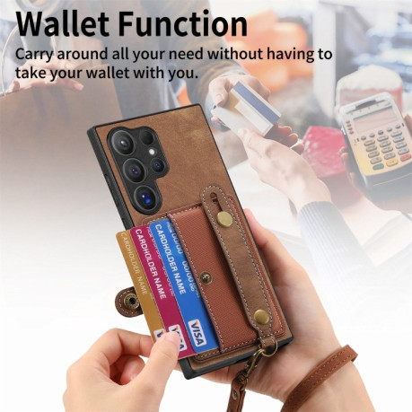 Противоударный чехол Retro Cross Wristband Wallet Leather для Samsung Galaxy S24 Ultra 5G - коричневый