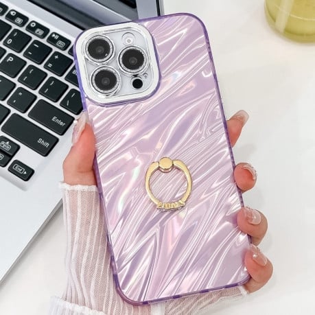 Противоударный чехол Plating Glitter Texture Ring Holder для iPhone 16 Pro Max - Purple Water Ripples