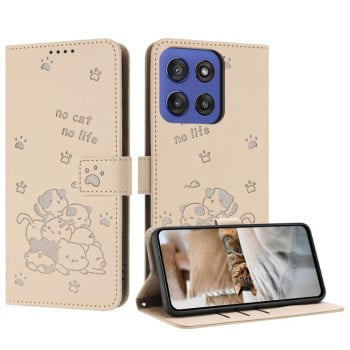 Чехол-книжка Embossed Kitten Phone Leather для Motorola Edge 60 Fusion - бежевый