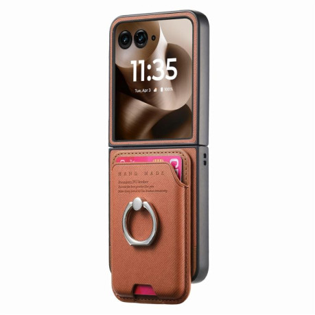 Противоударный чехол Twill Fabric Card Bag Ring Magnetic для Motorola Moto Razr 60 Ultra 5G - коричневий