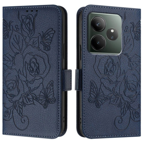 Чехол-книжка Embossed Rose RFID Anti-theft Leather для Realme GT 6T 5G Global - синий