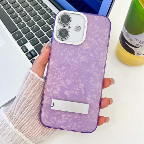 Противоударный чехол Plating Glitter Texture Fold Holder TPU Phone Case with Lens Film для iPhone 16 - Purple Shell Pattern