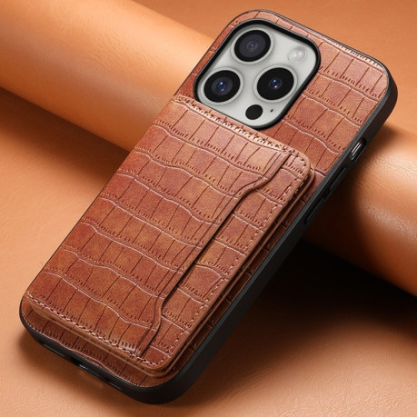 Чохол протиударний Crocodile Texture Card Bag Design для iPhone 16 Pro - коричневий