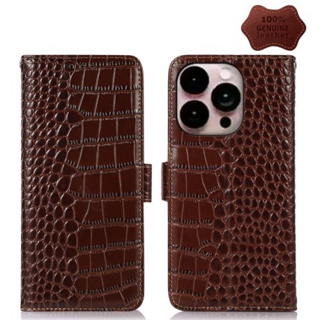 Шкіряний чохол-книжка Crocodile Top Layer на iPhone 14 Pro Max - коричневий